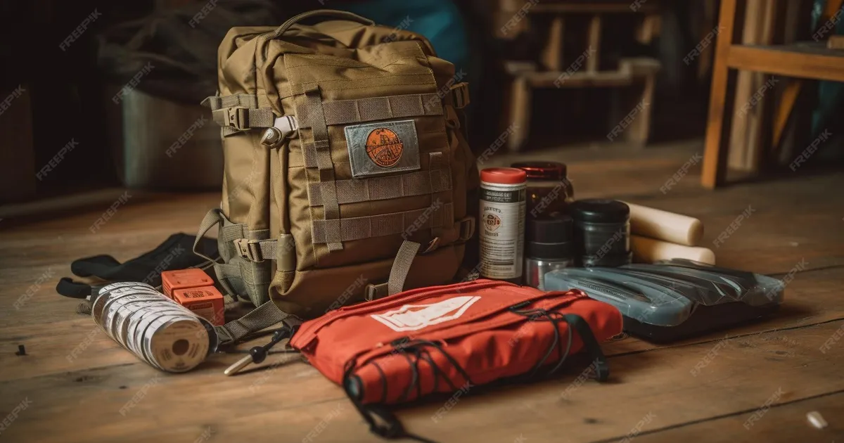 Equipamento de sobrevivência e caminhada organizado sobre superfície de madeira com mochila, lanterna e ferramentas de emergência