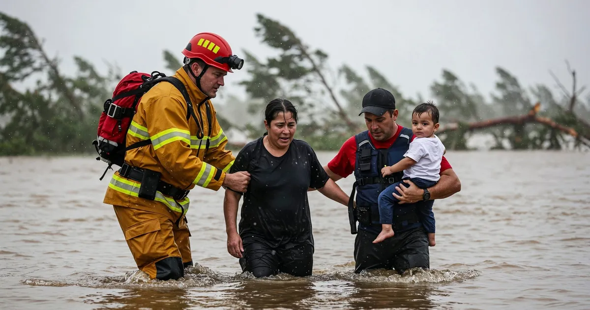 Bombero rescatando a una familia durante una inundación, ejemplo de evacuación de emergencia