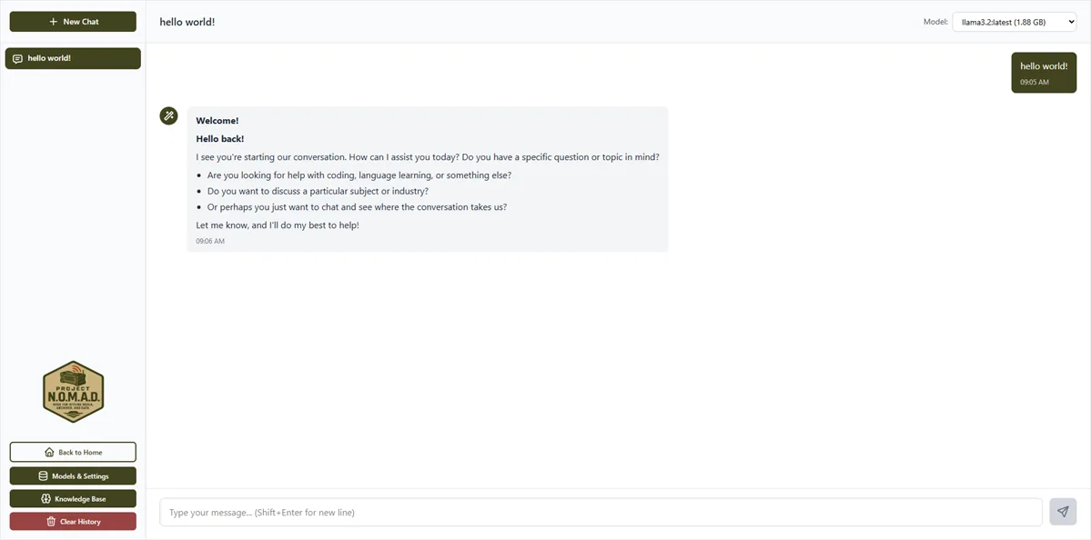 Painel de chat de IA local do Project NOMAD