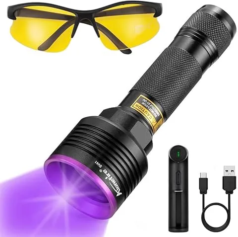Alonefire SV41 Lanterna UV 10W 395nm Profissional Potente Recarregável USB Ultravioleta Luz Negra Detetor de Urina para Resina, Pesca, Escorpião, Minerais com Óculos Protetores UV, Bateria, Carregador