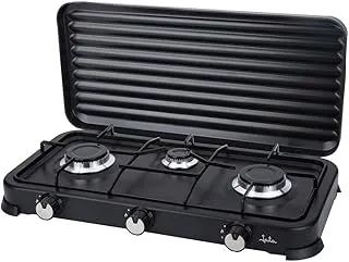 Jata JECG2703 Cozinha a Gás portátil de 3 bicos com grelha, Apta para butano e propano, Tampa protetora amovível, Ideal para campismo, Ocupa pouco espaço