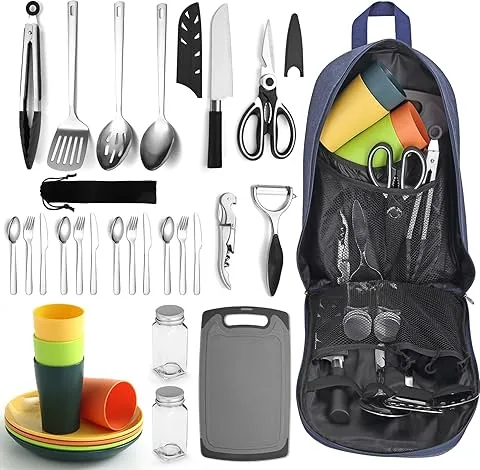 Berglander Conjunto de Utensílios de Cozinha para Campismo com Conjunto de Talheres e Prato, Canecas e loiça, Acessórios de Campismo Camper, Utensílios de Cozinha para Acampamento, para Piquenique, Churrasco e Campismo